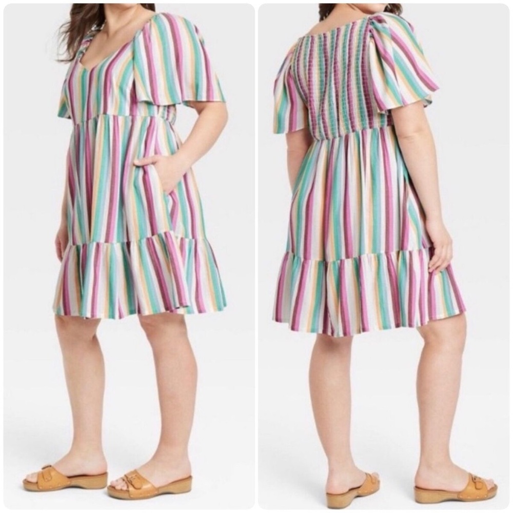 Ava and Viv Women’s Plus 3X Striped Smocked Midi Dress with Pockets